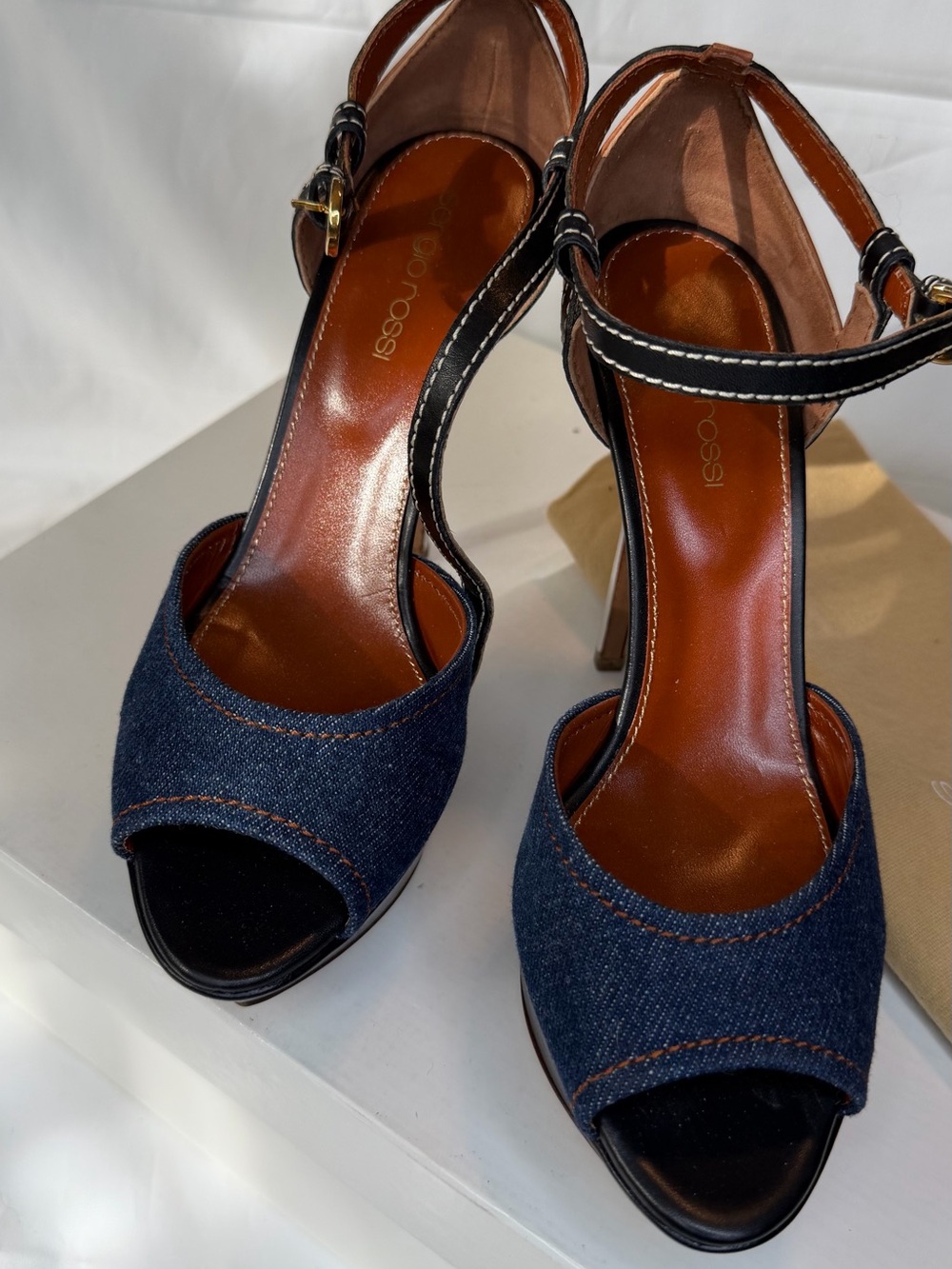 NEW Sergio Rossi Denim Open-Toe Ankle-Strap Heels in Navy and Brown